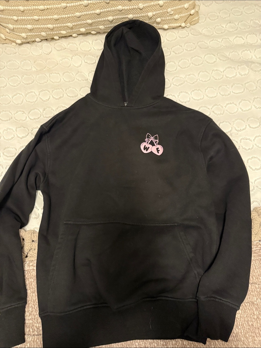 White Fox Boutique Black Hoodie with Pink Cherry Logo